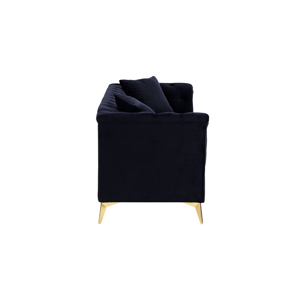 Black Modern 3 Seater Button Tufted Sofa with Soft Tufted Velvet Upholstery  Scroll Arms  and Gold Metal Legs for Living Room