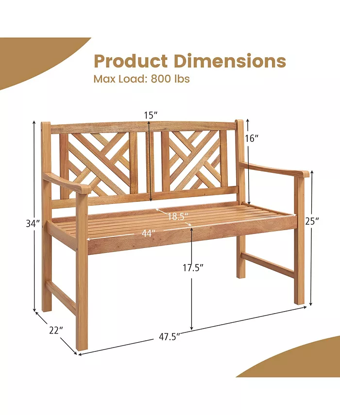 Costway Patio Acacia Wood 2-Person Slatted Bench Outdoor Loveseat Chair Garden