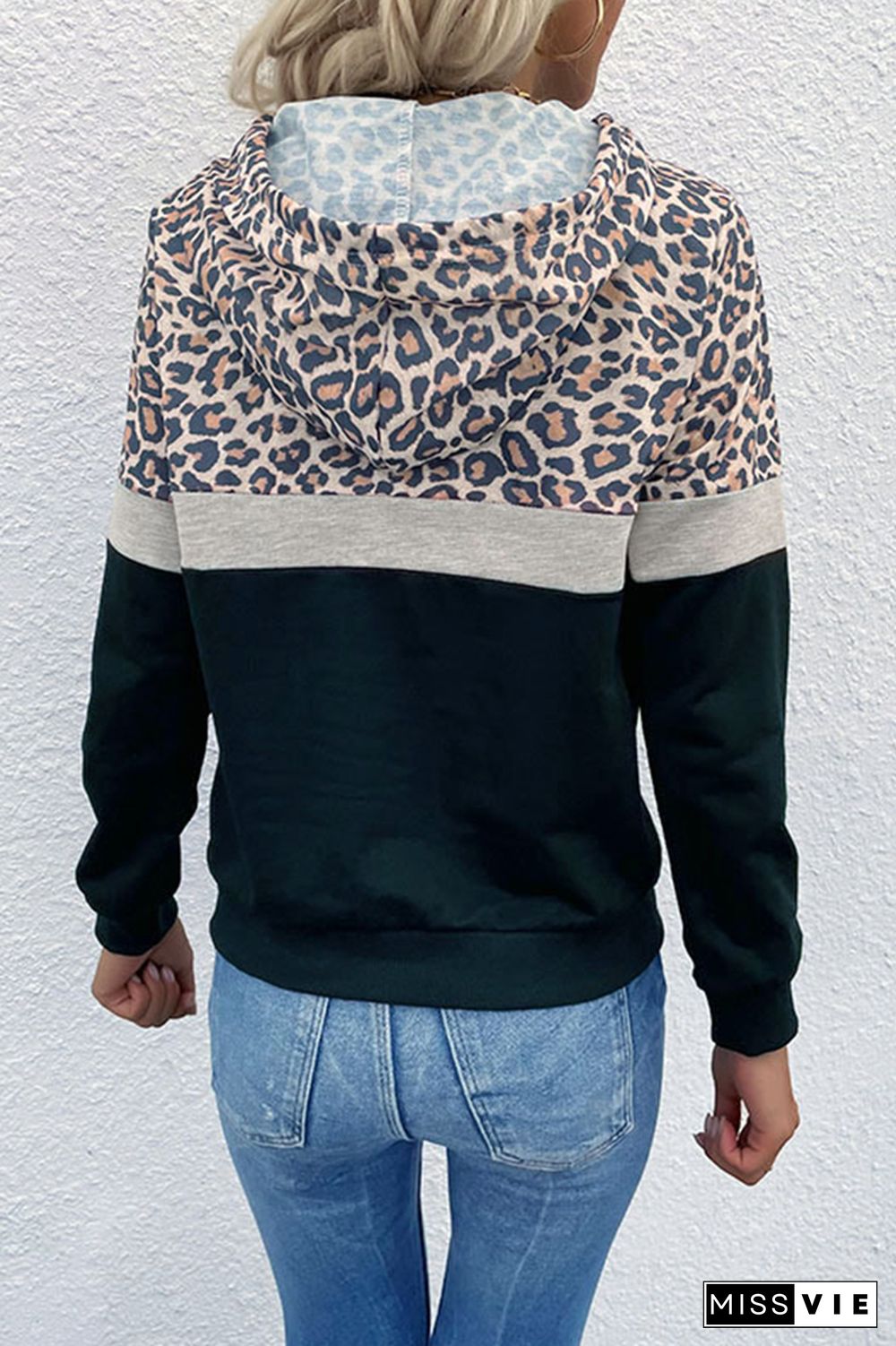 Leopard Print Drawstring Color Block Patchwork Hoodies Women Wholesale