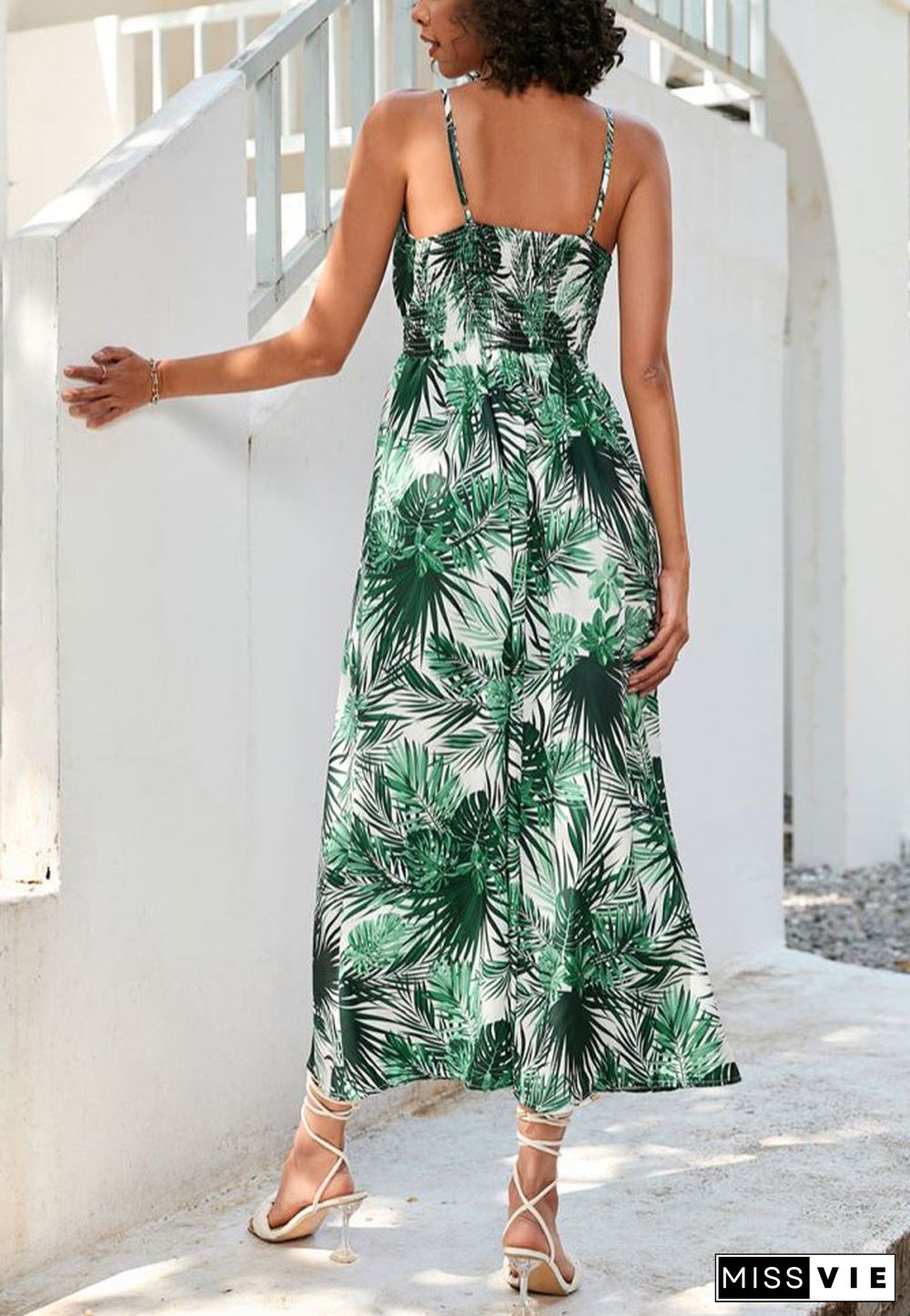 Tropical Leaf Print Surplice Neck Dress