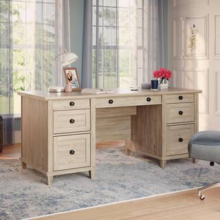 SAUDER Hammond 67.559 in. Chalk Oak Engineered Wood 6-Drawer Executive Desk with Flip-Down Keyboard Shelf 428246