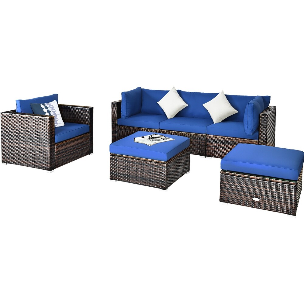 Costway 6PCS Patio Rattan Furniture Set Sofa Coffee Table Ottoman Navy   See Description