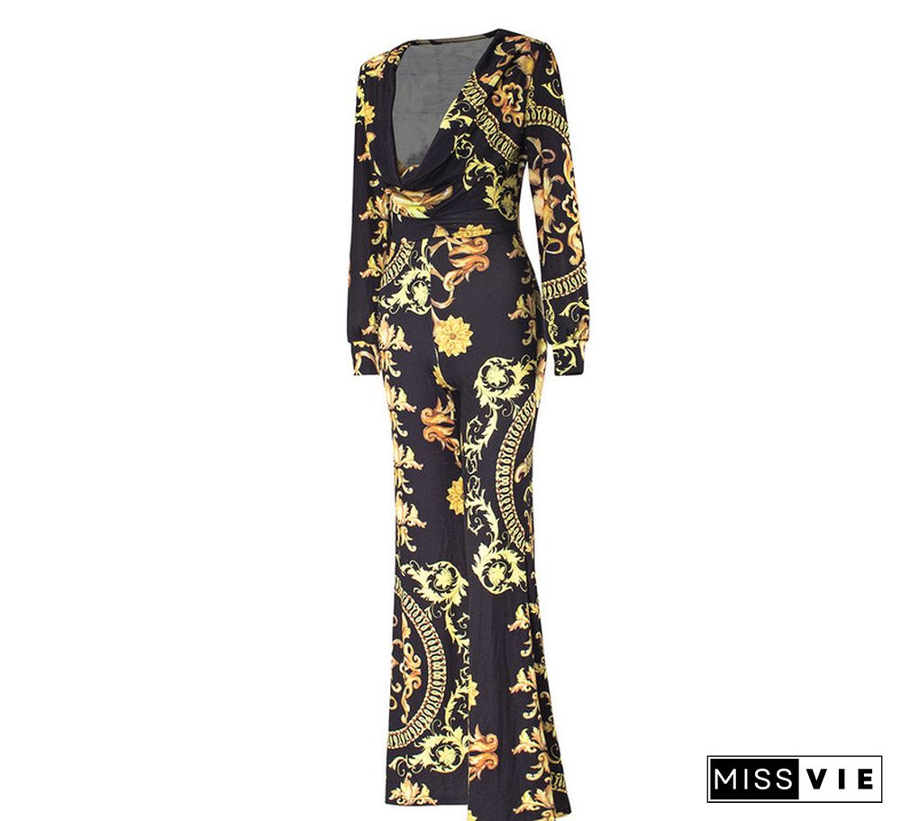 Sexy Digital Printed Deep V Long-sleeve High Waist Jumpsuit