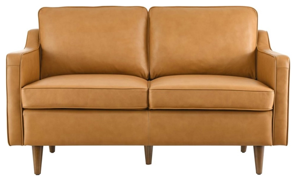 Modway Impart Modern Cushion Back Genuine Leather Upholstered Loveseat in Tan   Midcentury   Loveseats   by Homesquare  Houzz