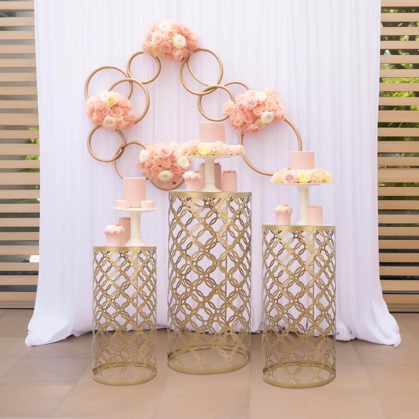 Set of 3 Gold Metal Cylinder Plinth Pedestal Stands, Round Mesh Pillar Cake Display Stand in Hollow Overlapping Circles Pattern - 22