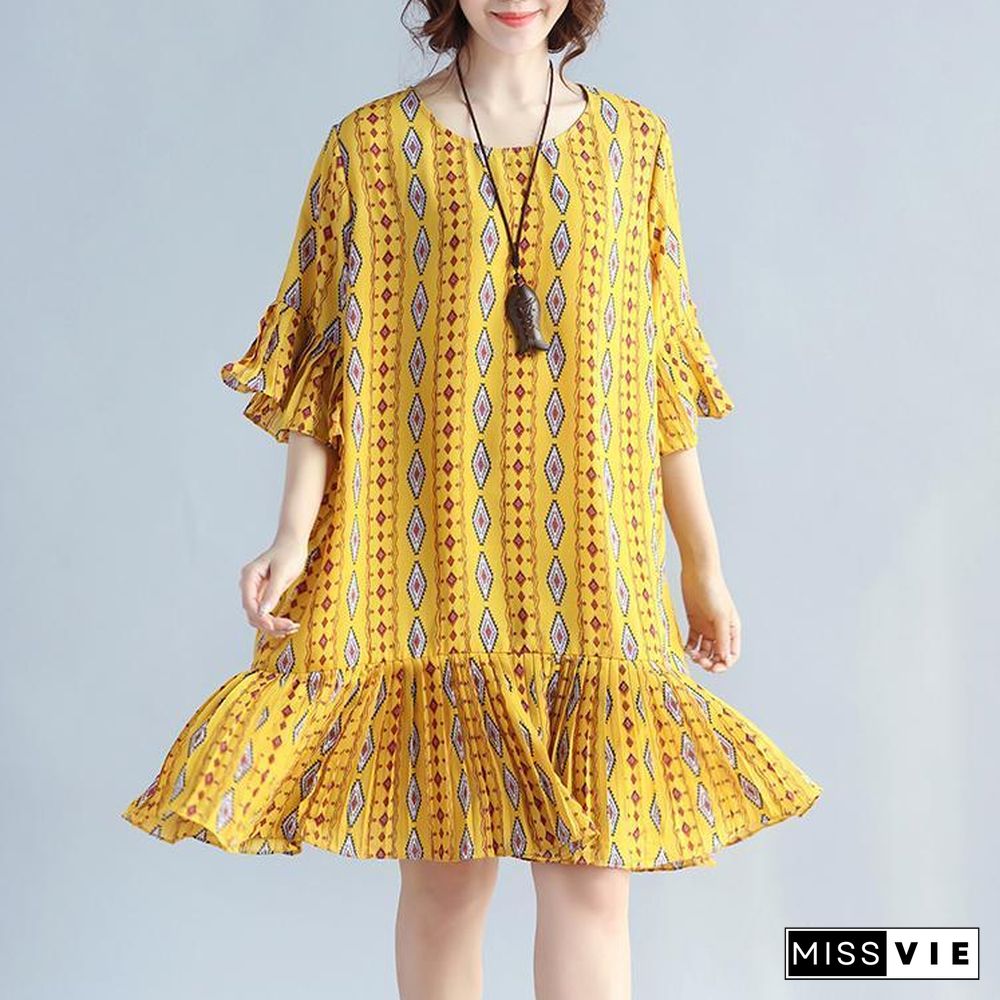 Elegant yellow prints chiffon shift dresses oversized chiffon clothing dresses women ruffles hem ruffles sleeve dress