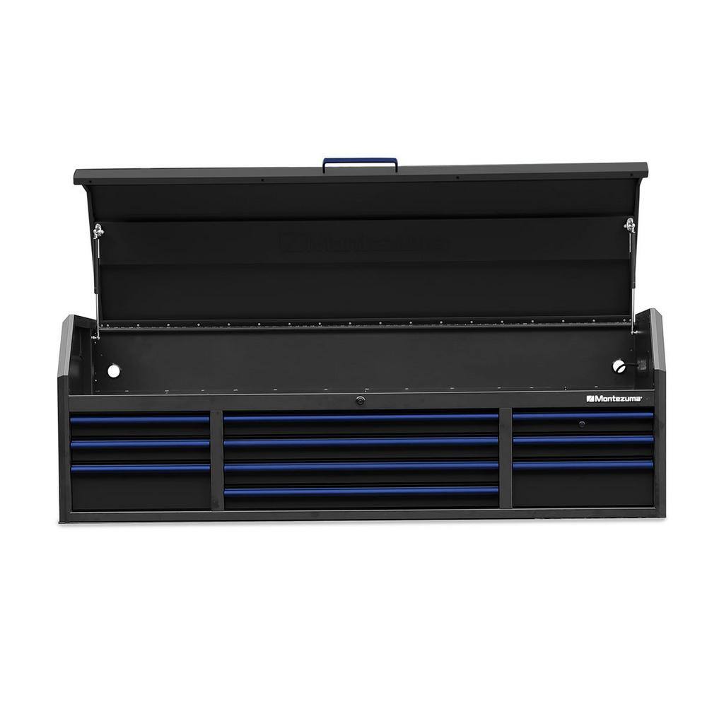 Montezuma 72 in. x 24 in. 10-Drawer Tool Top Chest with Power and USB Outlets in Black and Blue BKM722410CH