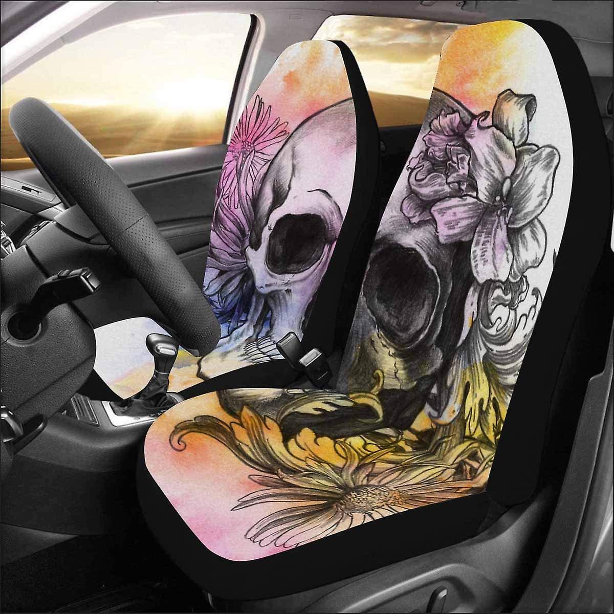 Set Of 2 Car Seat Covers Watercolor Skull Universal Auto Front Seats Protector Fits For Car，suv Sedan，truck D 71242