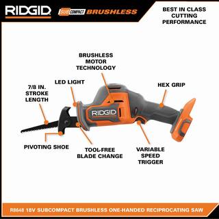 RIDGID 18V MAX Output 4.0 Ah 2.0 Ah Batteries and Charger with FREE 18V SubCompact Brushless One-Handed Reciprocating Saw AC8400240SB-R8648B