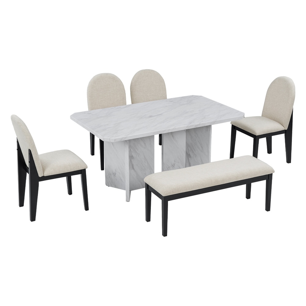 6 Pcs Rubber Wood Dining Table Set with 4 Upholstered Chairs   1 Bench