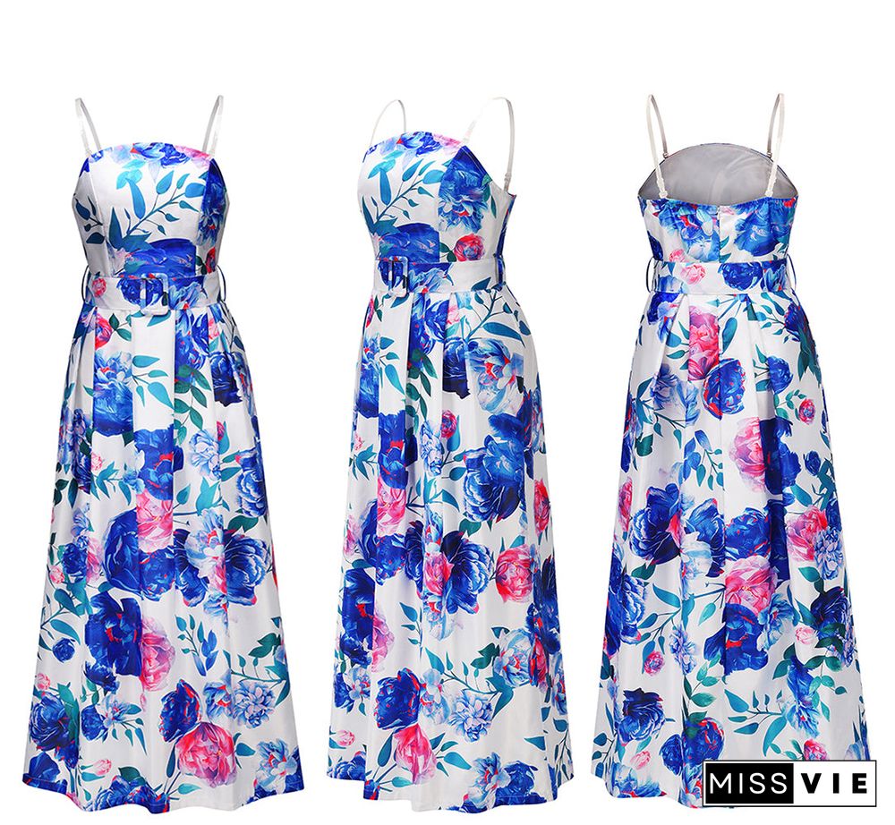 Spaghetti Strap Floral Sleeveless Long Blue Maxi Dress