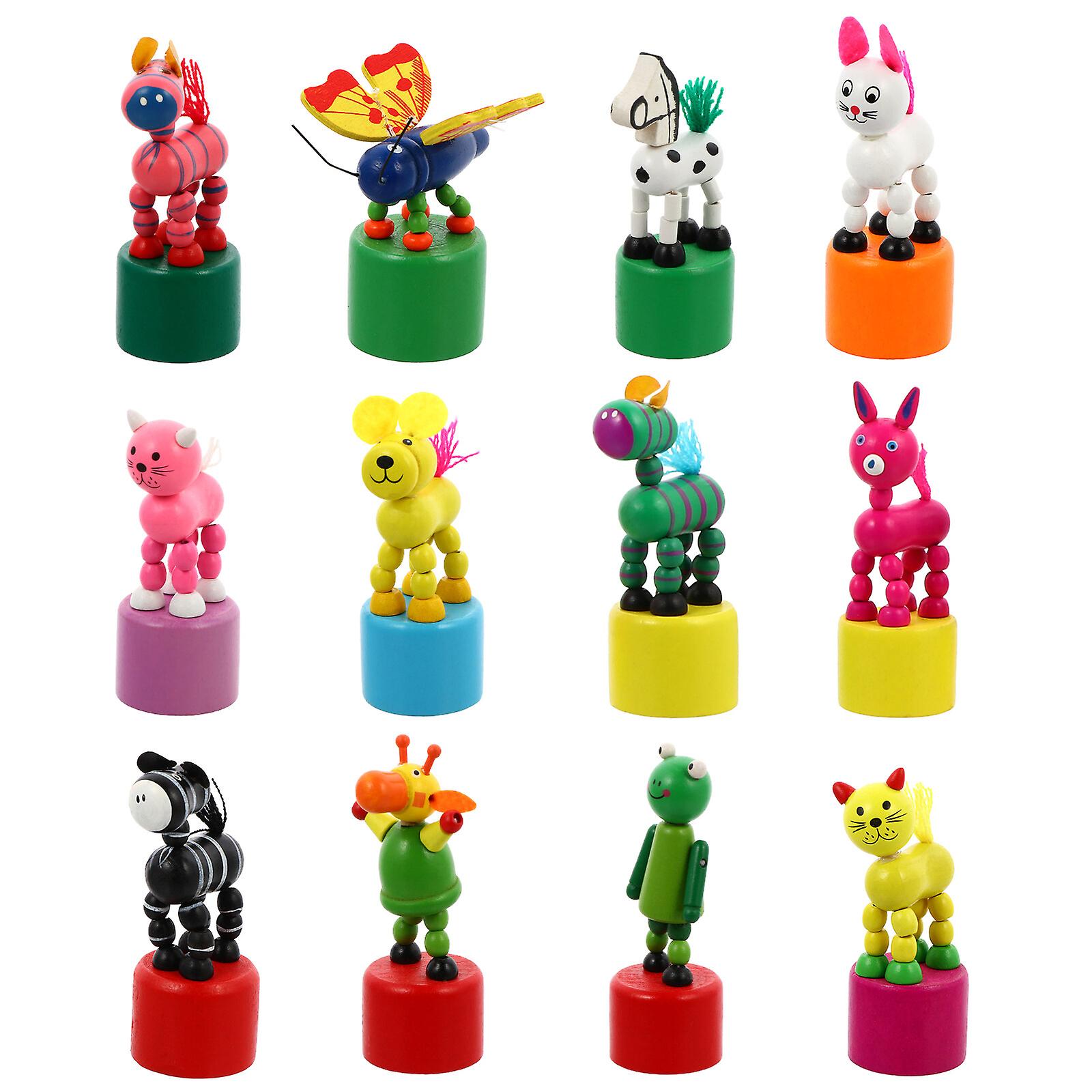 12pcs Kids Animal Push Up Press Base Toy Rocking Wooden Puppet Toy Random Style