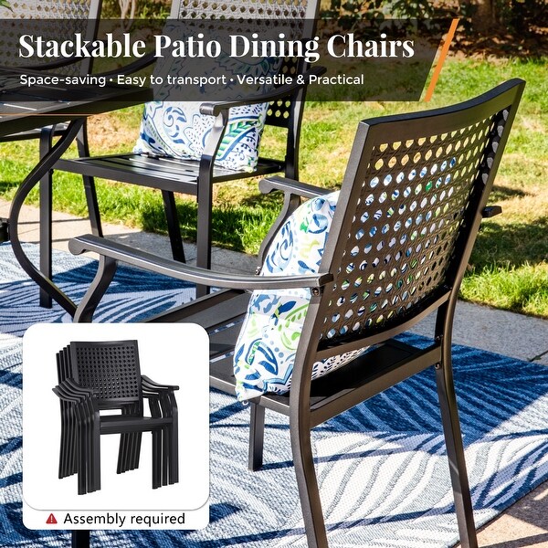 7Piece Patio Ecoating Dining Set of 6 Stackable Chairs and 1 Metal Dining Table