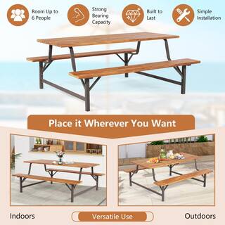 ANGELES HOME 6-Person Rectangle Wood Outdoor Picnic Table and Bench Set with 2 Inch Umbrella Hole 558CKKC465+