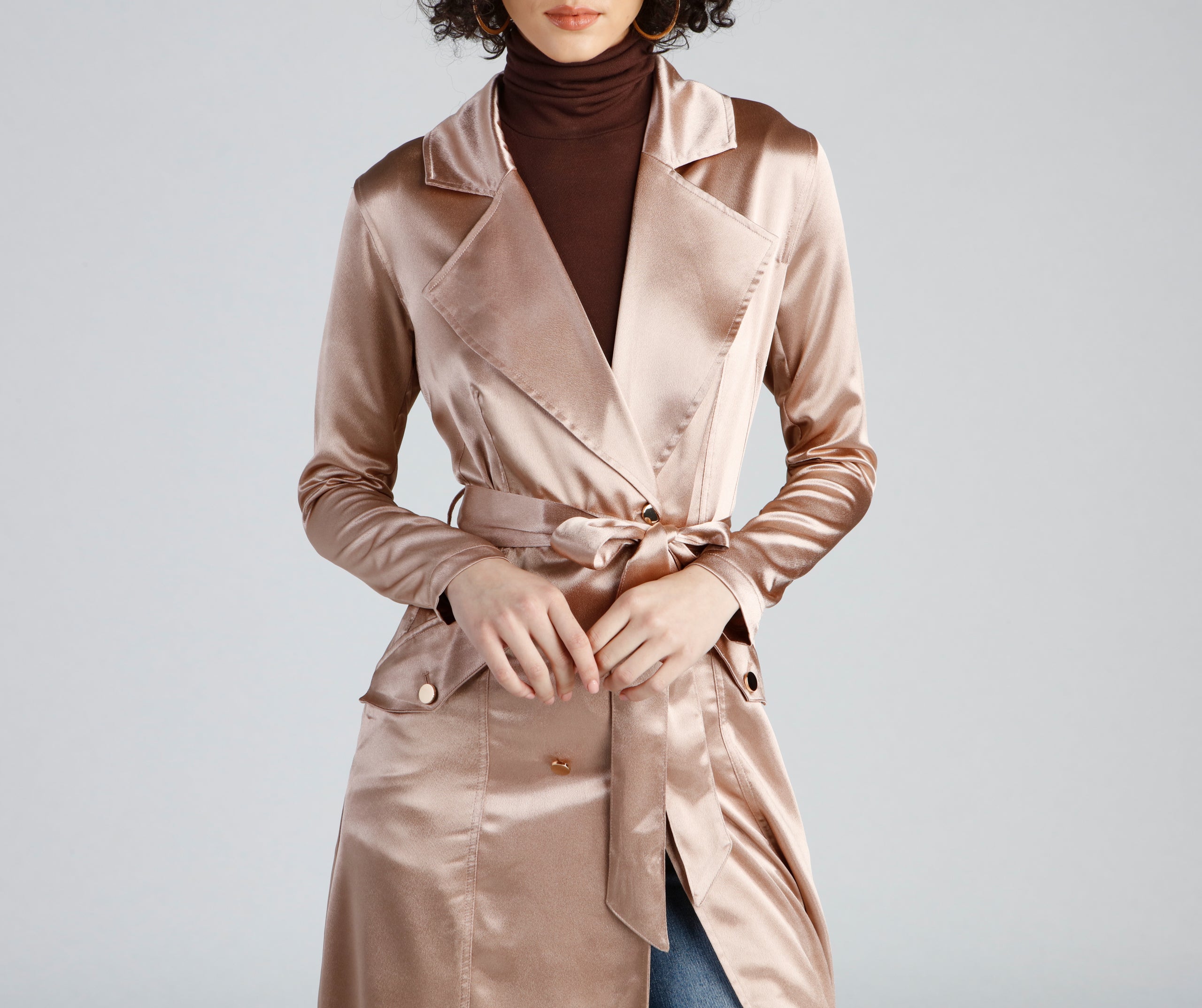 Sleek Sophistication Belted Satin Trench