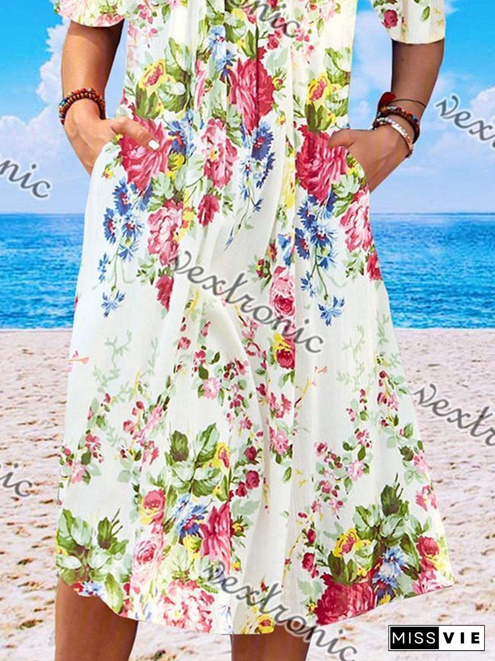 Women Casual Short Sleeve Scoop Neck Floral Printed Midi Dress