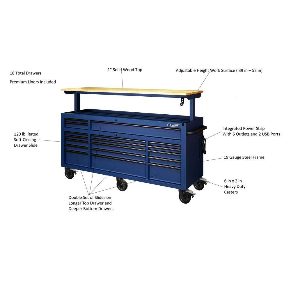 Husky 72 in. W x 24 in. D Heavy Duty 18-Drawer Mobile Workbench Cabinet with Adjustable-Height Solid Wood Top in Matte Blue HOLC7218BL1M