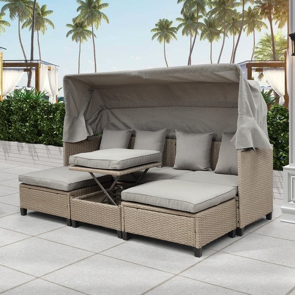 4 Piece UV-Proof Resin Wicker Patio Sofa Set with Retractable Canopy - Overstock - 35379046