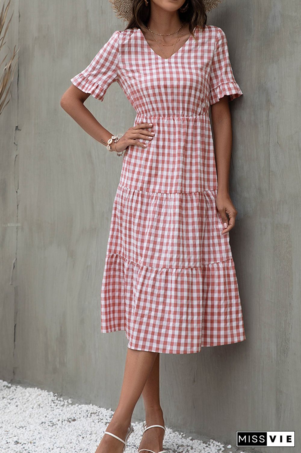 Plaid Print Short Sleeve Midi Dress Wholesale