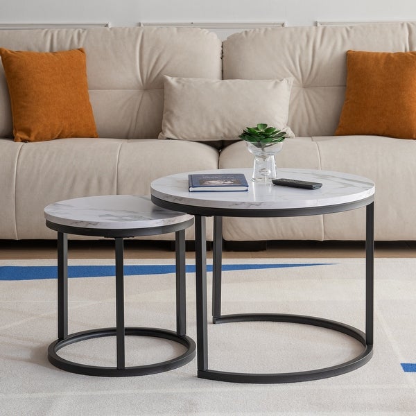 Modern Nesting Coffee Table， Metal Frame with Marble Color Top-23.6