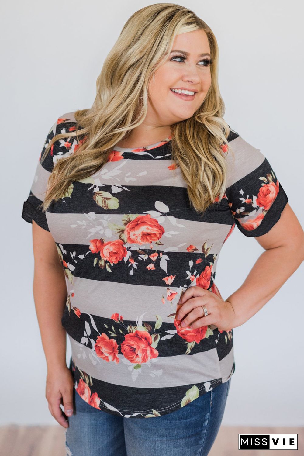 Gray Plus Size Striped Floral Short Sleeve Top