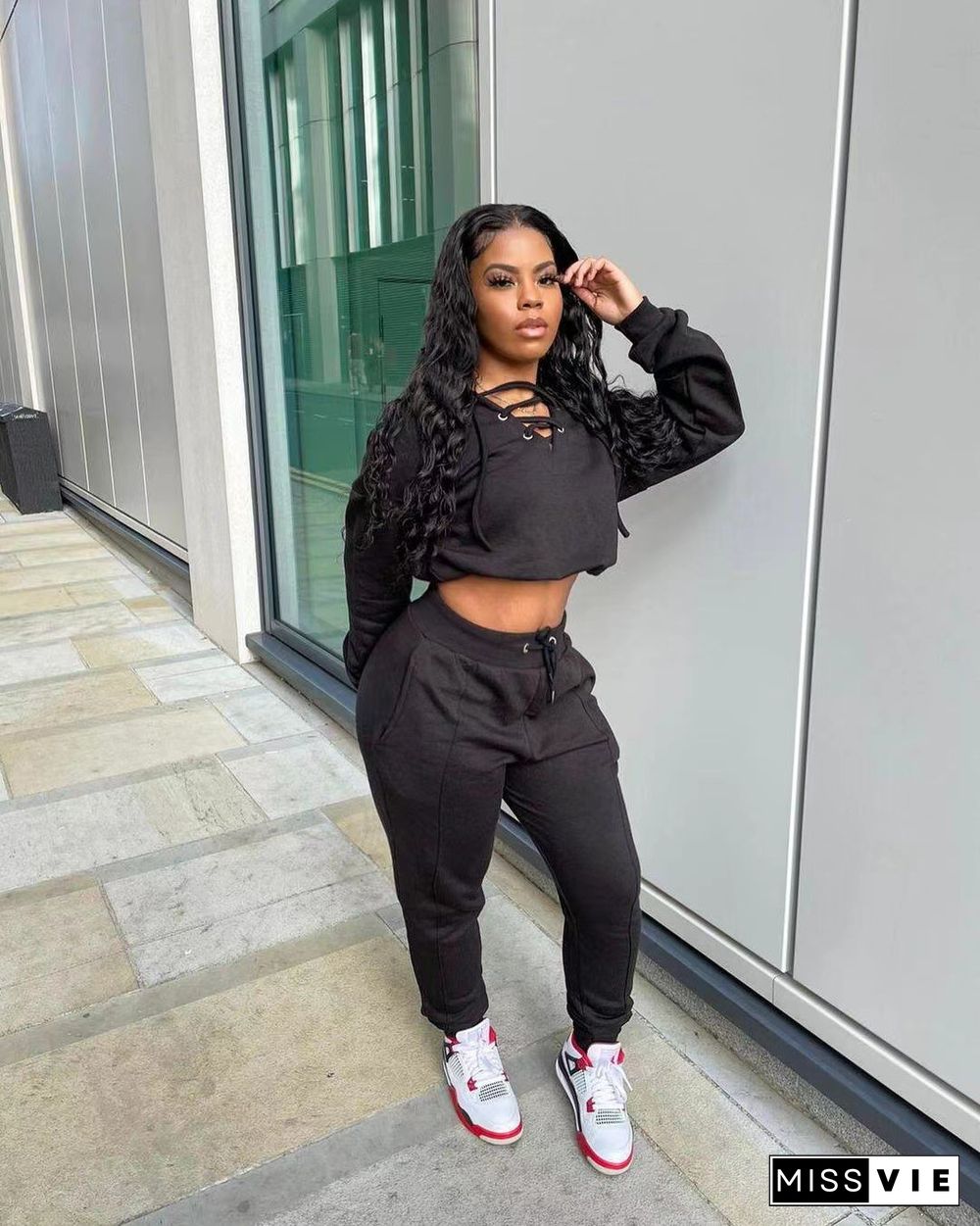 Long Sleeve Bandage Crop Top Sweatpants Set