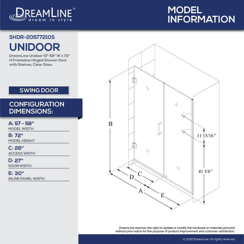 DreamLine Unidoor 57 to 58 in. x 72 in. Frameless Hinged Shower Door in Brushed Nickel SHDR-20577210S-04