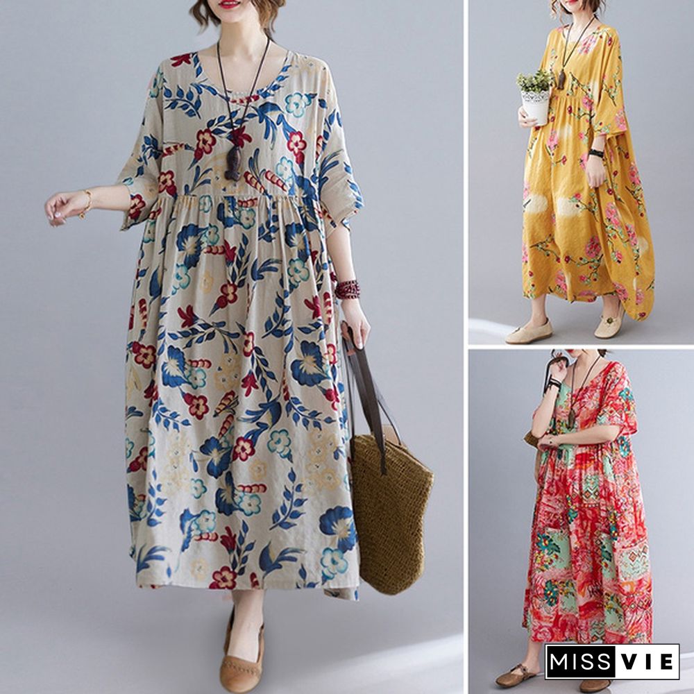 ZANZEA Women Half Sleeve Round Neck Dress Floral Print Summer Dress Casual Loose Long Dress