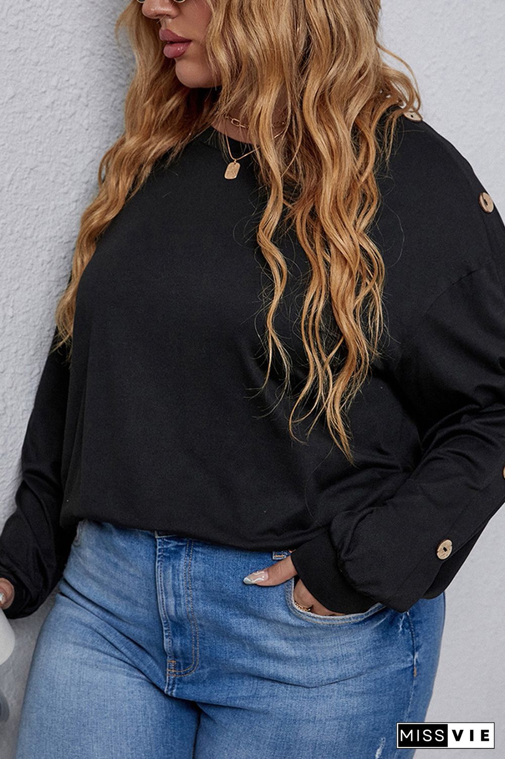 Plus Size Button Sleeve Plain Top