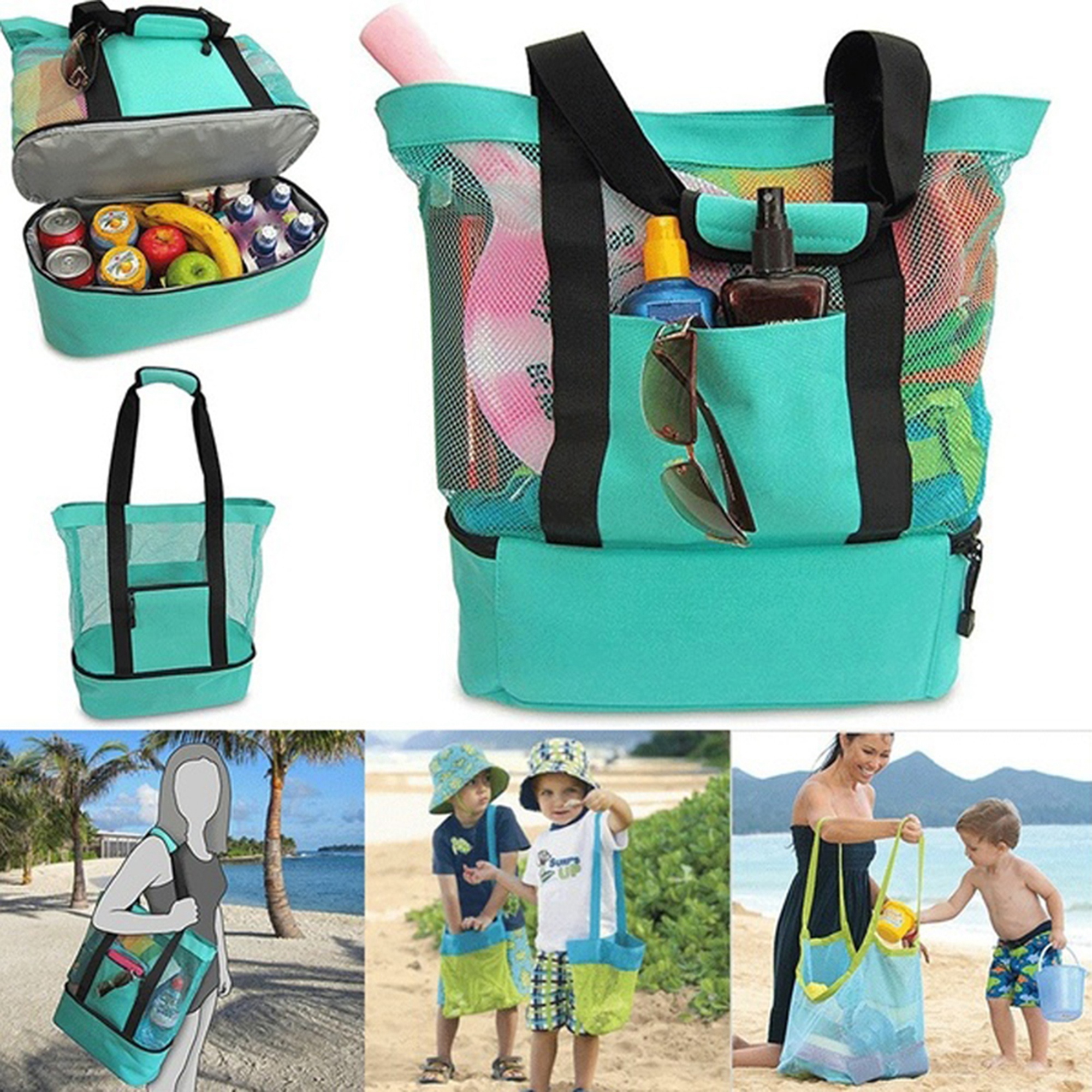 Large Mesh Beach Tote Bag with Zipper and Insulated Picnic Cooler Leak Proof for Beach Pool Outdoor Trave Beach Bag Picnic Bag