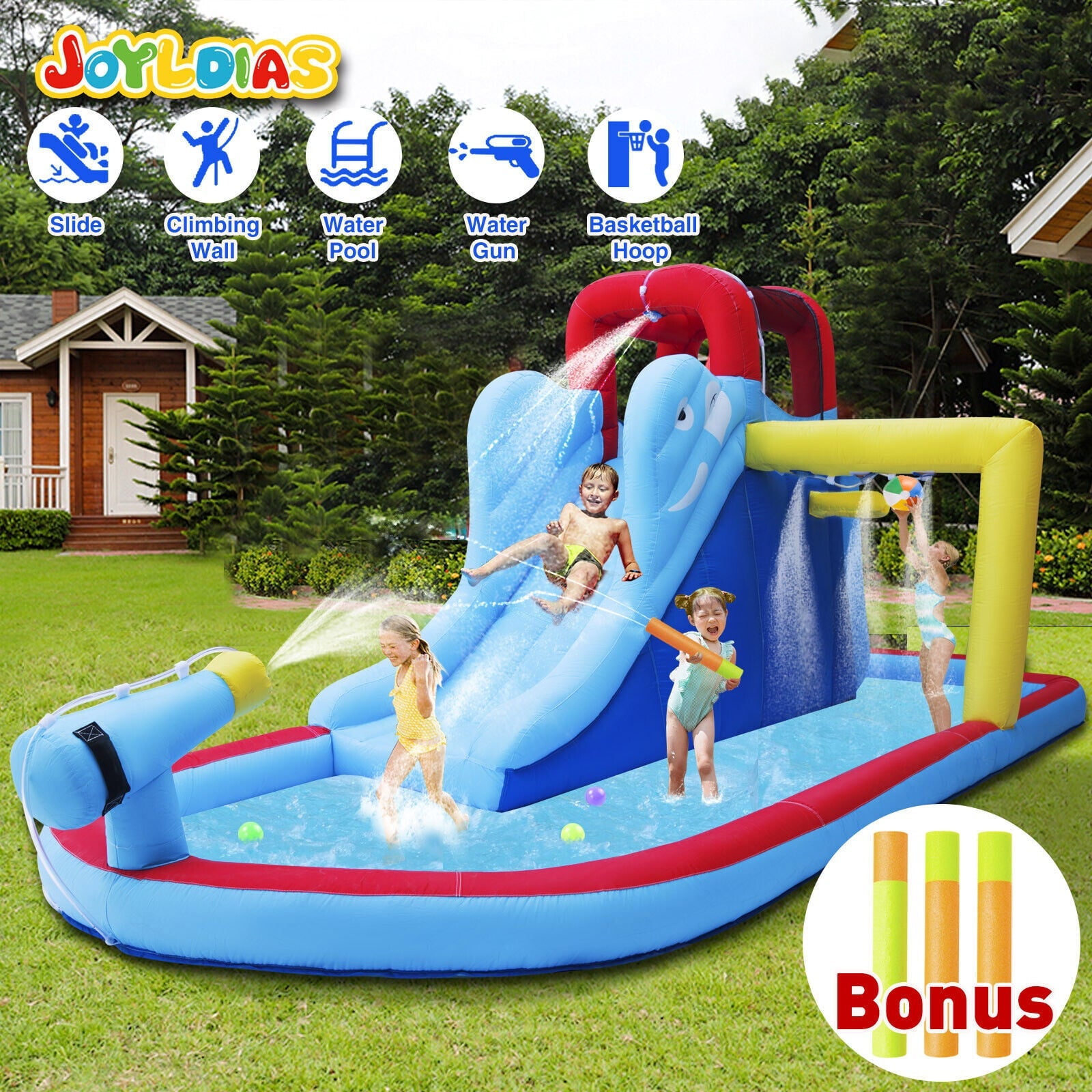 JOYLDIAS Kids Inflatable Bounce House Water Slide Bouncer Playhouse Castle with 3 Water Guns, Splash Pool, Climbing Wall, Basketball Hoop, Bag, Air Blower