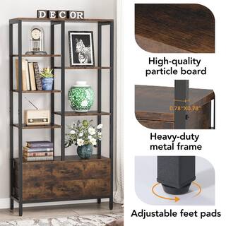 BYBLIGHT Eulas 66.9 in. Rustic Brown Wood 7-Shelf Standard Bookcase 2-Drawers Home Office 31.49 in. W x 11.81 in. D x 66.92 in. H BB-JW0245DT