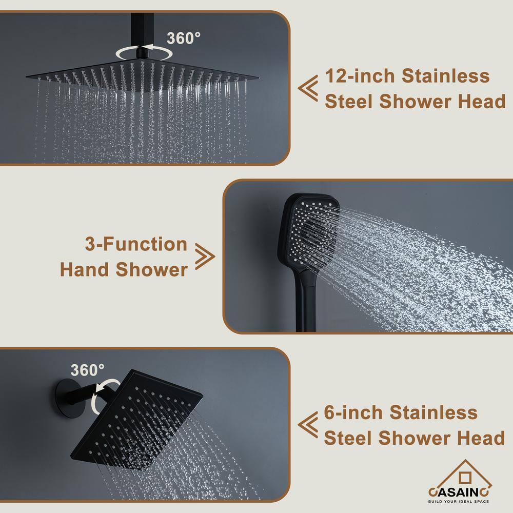 CASAINC 5-Spray 12 in. Thermostatic Dual Shower Heads Ceiling Mount Fixed and Handheld Shower Head 2.5 GPM in Matte Black CS6222-12MB