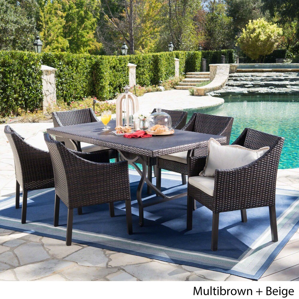 Azusa Outdoor 7 piece Rectangular Wicker Aluminum Dining Set with Cushions by Christopher Knight Home