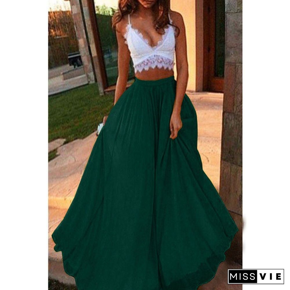 4 Color Women Summer Solid High Waist Skirt Plus Size Elastic Waist Big Swing Long Dress Fashion Loose Maxi Dresses