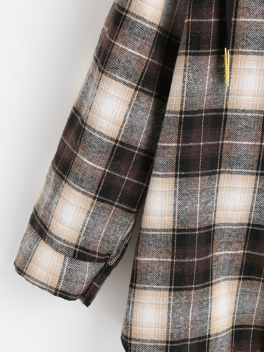 Casual Loose Check Panel Lambsool Hooded Blouse