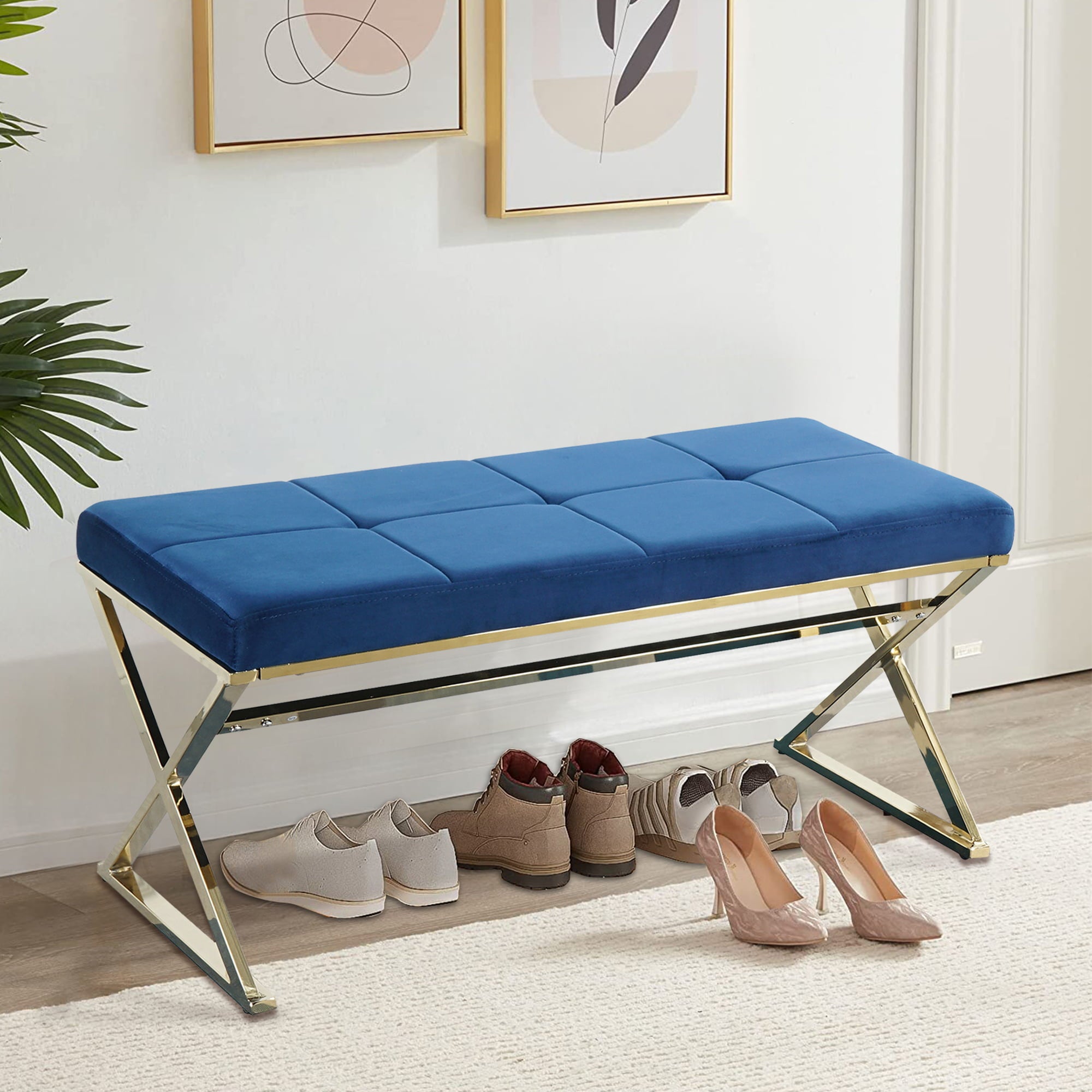 Mid-Century Modern Ottoman Bench with Padded Seat and Gold Metal Legs, Upholstered Entryway Bench Shoe Bench, Velvet Fabric End of Bed Bench for Bedroom Living Room Hallway More, Blue