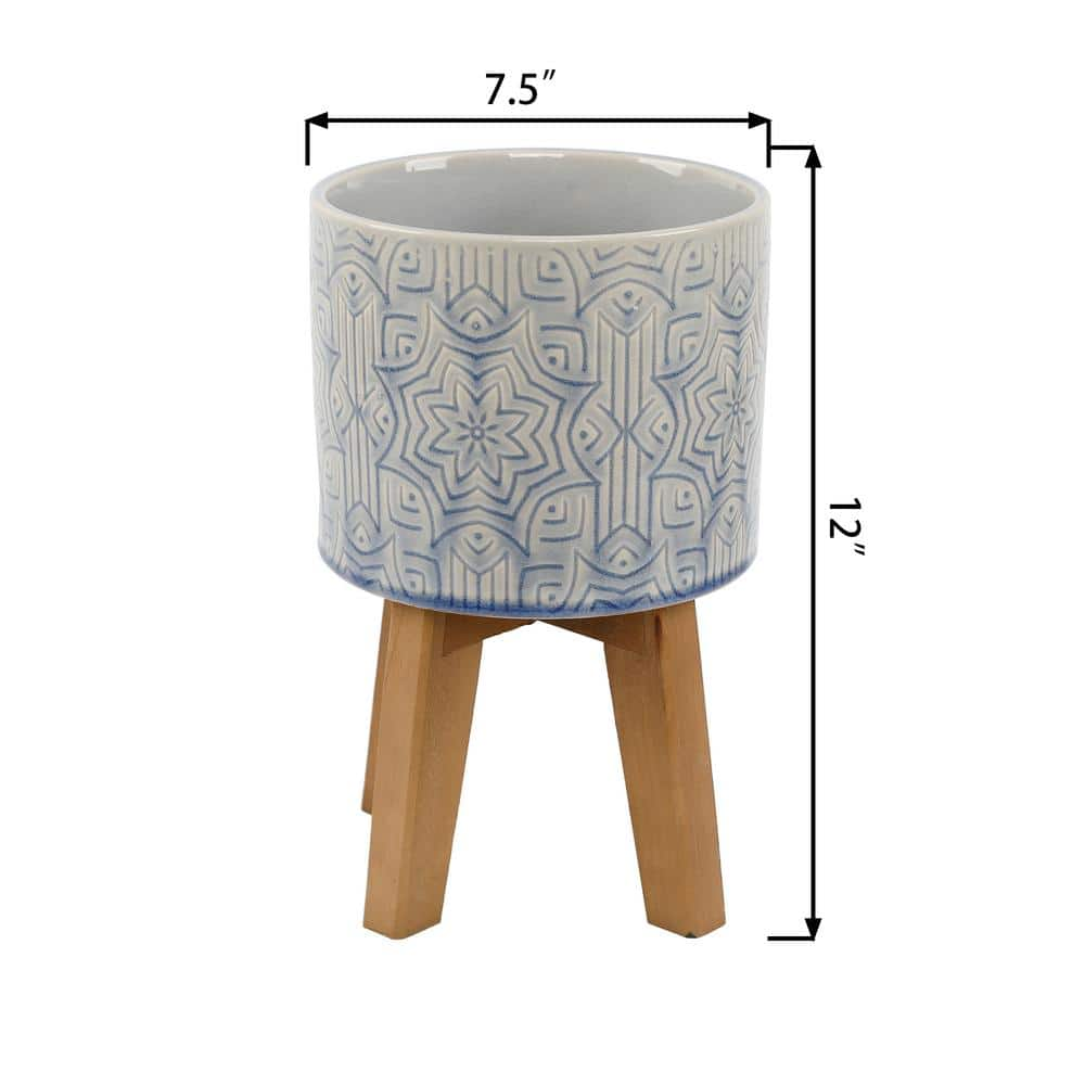 Vigoro 6.6 in. Constance Small Star Textured Blue Ceramic Planter (6.6 in. D x 9 in. H) with Wood Stand CT1385M-GSBL