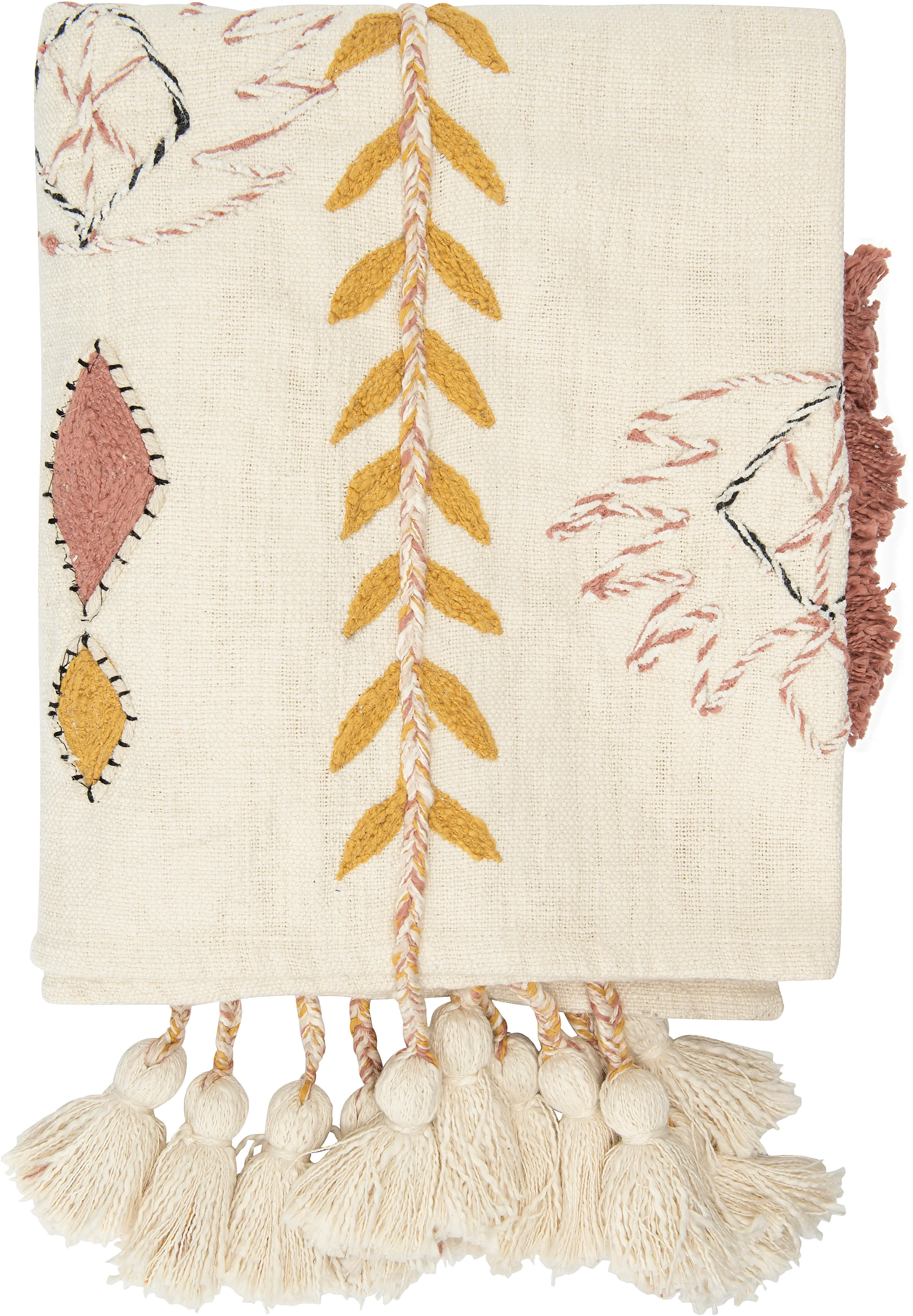 Cream Embroidered Throw Blanket with Tassels and Applique