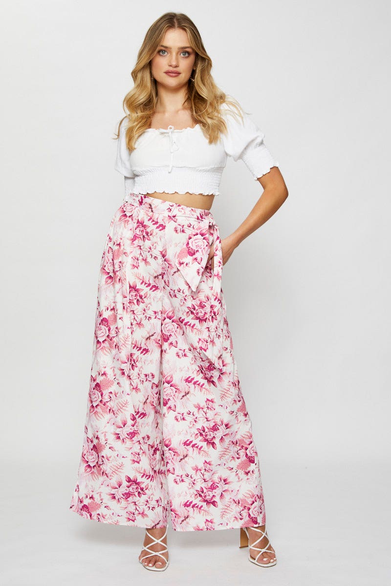 Print Wide Leg Pants High Rise