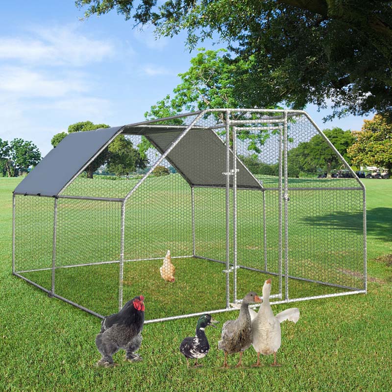 9.5' x 12.5' x 6' Galvanized Metal Large Walk-in Chicken Coop Cage Runs Hen House with Cover & Lockable Door