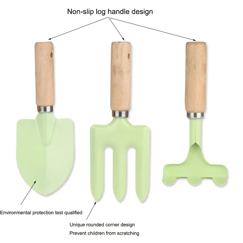 Top Quality 3pcs Mini Kids Gardening Tool Set with Wood Handle Hand Trowel Rake Garden Tool Set For Kids