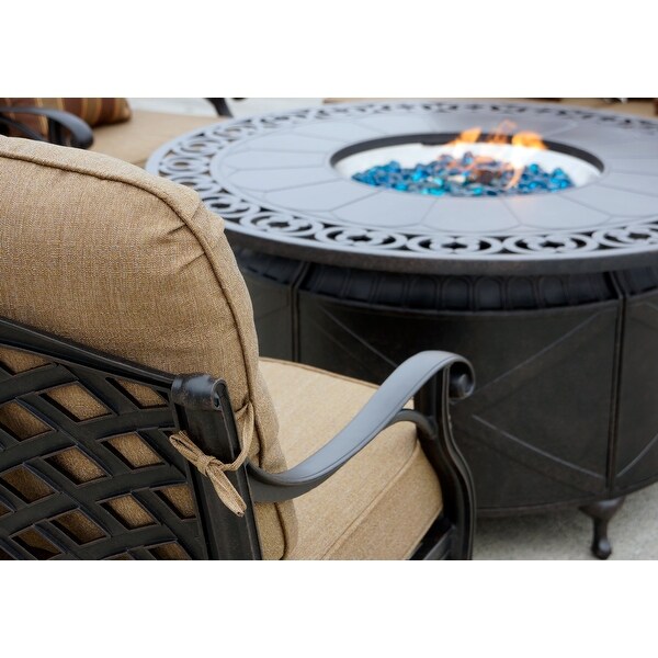 Nassau 4Piece Patio Propane Fire Pit Loveseat Conversation Set with Cushions and 47'' Round Fire Pit Chat Table and Fireglass