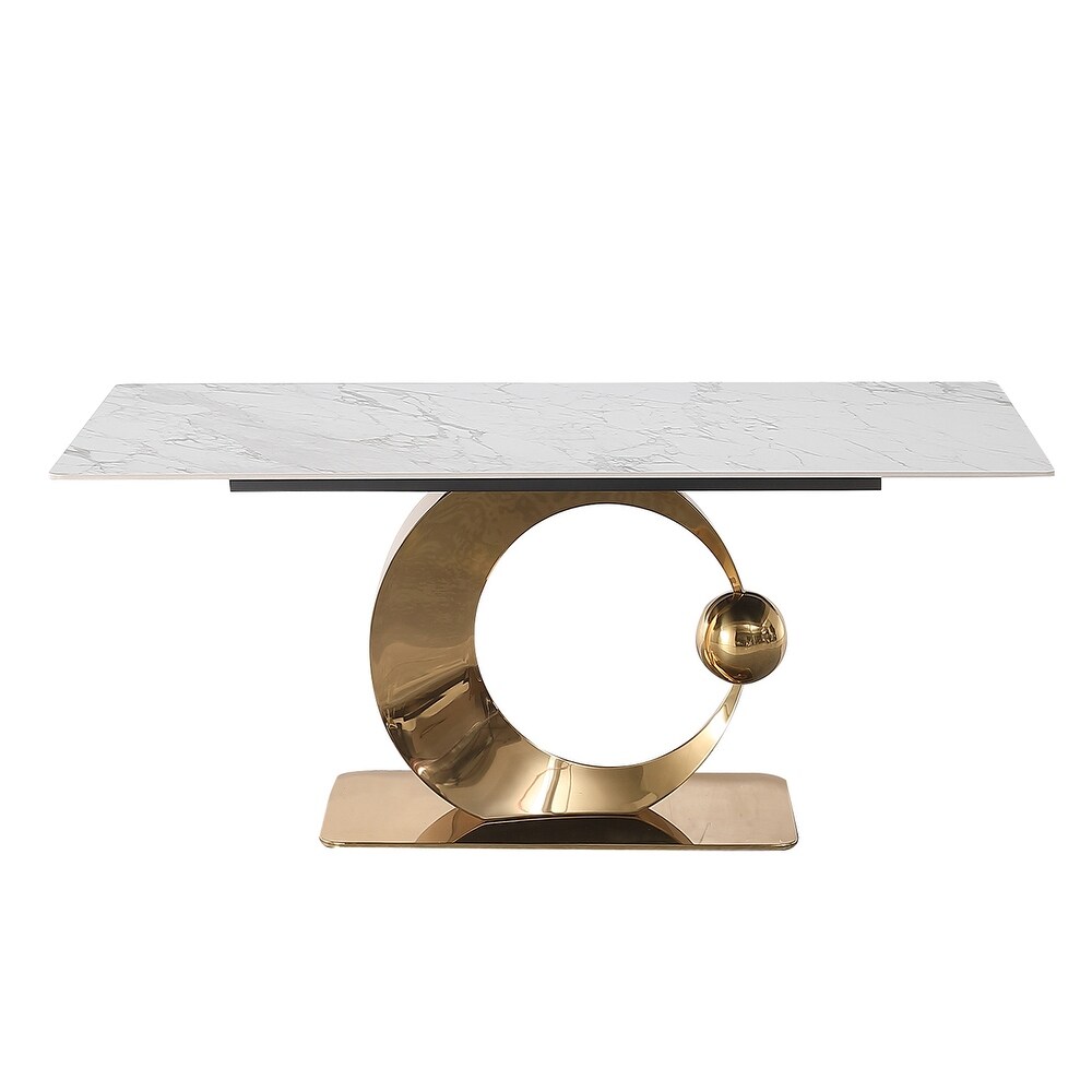 71 Inch Stone DiningTable with Carrara White color and Round special shape stainless steel Gold Pedestal Base