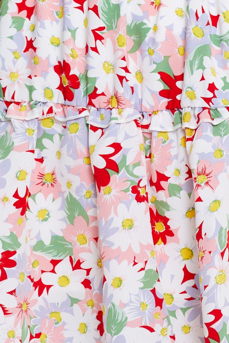 Floral Print Mini Skater Skirt Ruffle Hem