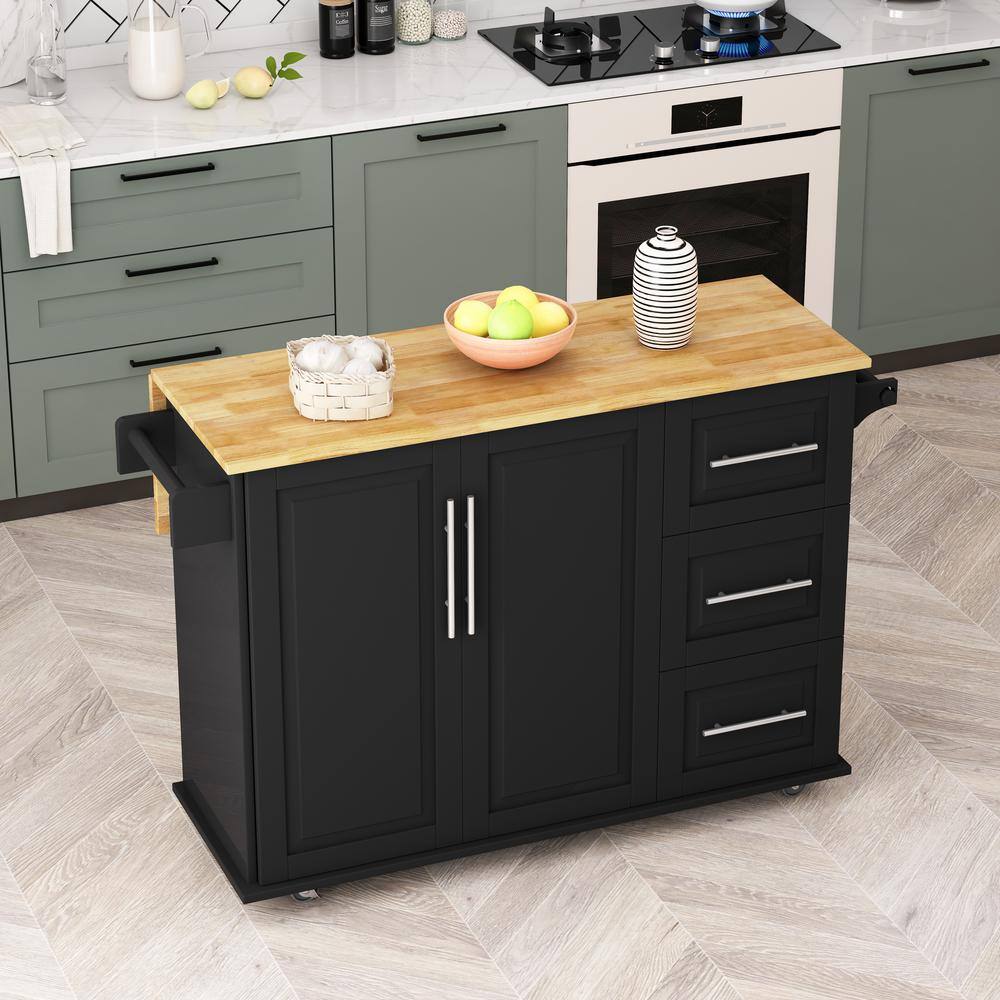 FAMYYT Black Rolling Solid Wood Tabletop 43 in. Kitchen Island with Drop-Leaf Countertop XJ-75763BK-L