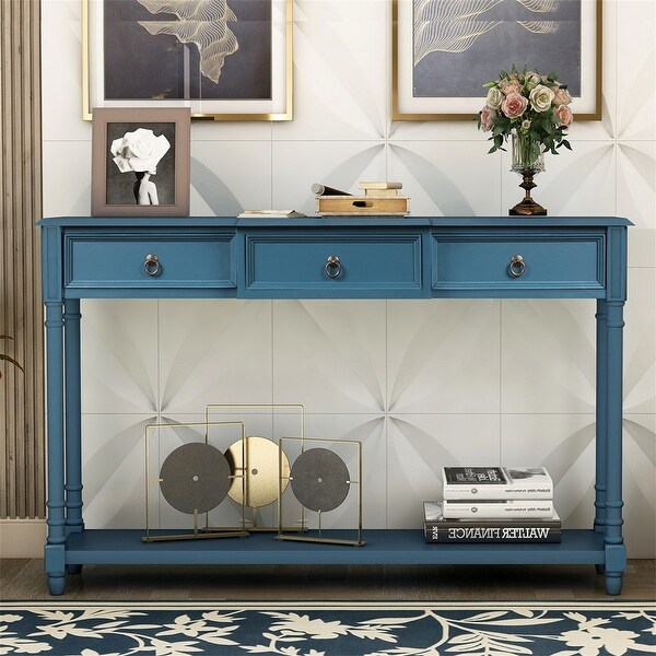 Console Table w/ Projecting Drawers and Long Shelf for Entryway，Blue