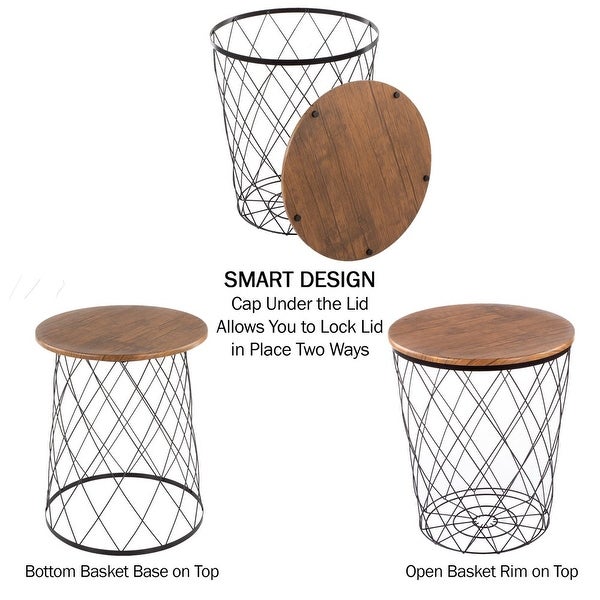 Set of 3 Living Room Tables - Metal Basket Storage with Removable Lids - 2 Small Side and 1 Large Accent Table (Brown/Black)