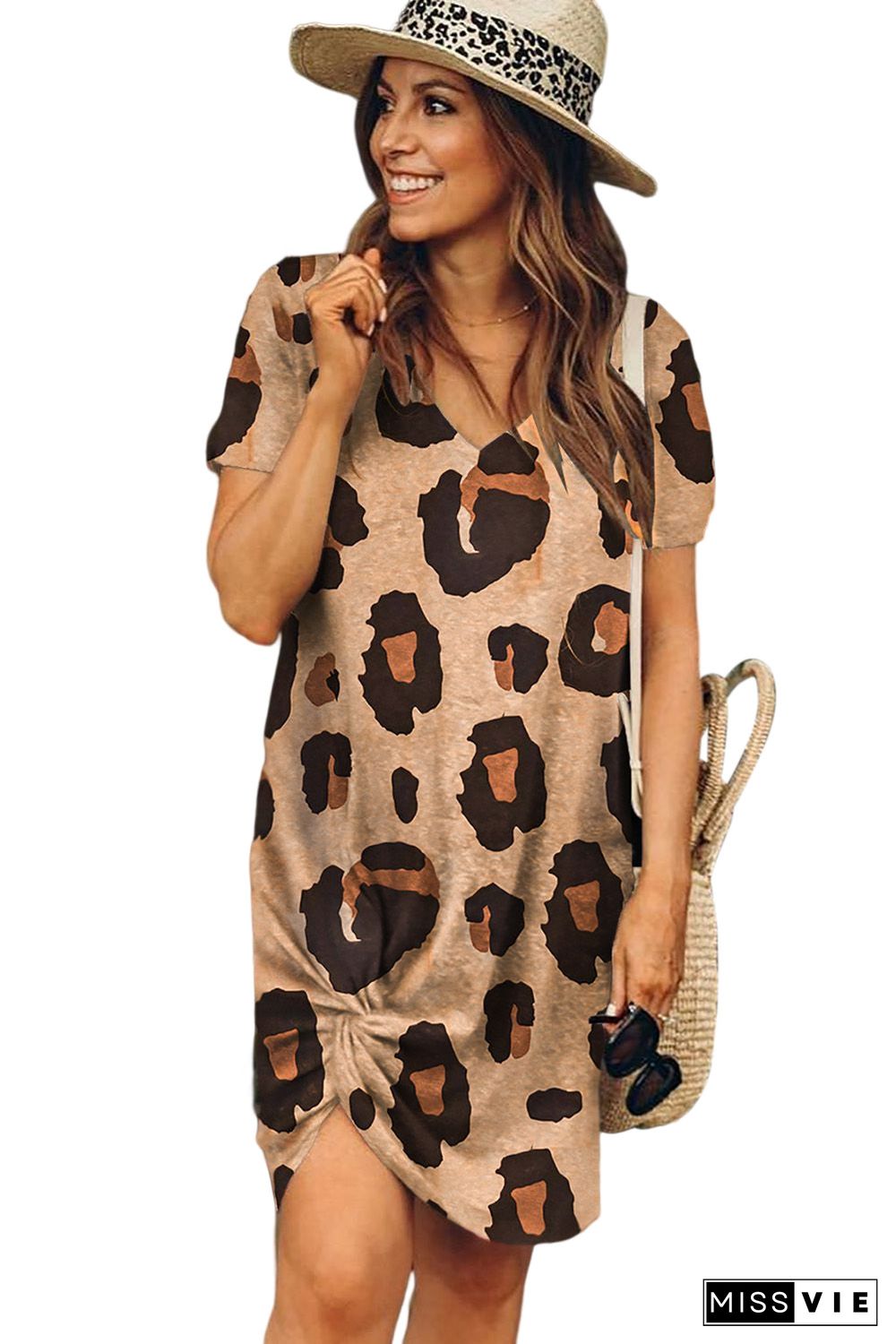 V Neck Leopard T-shirt Dress with Twist