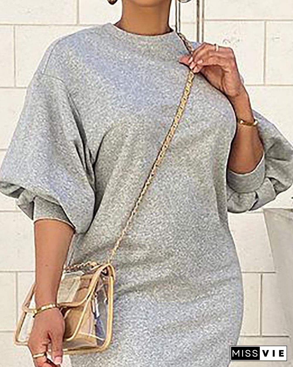 Lantern Sleeve O Neck Casual Dress